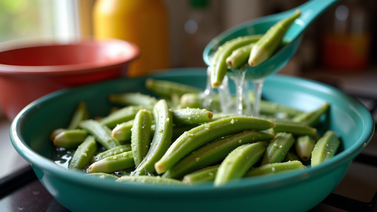 Fresh okra being washed in a Brazilian kitchen, natural light, professional photography, 8K Quiabo fresco sendo lavado na cozinha.