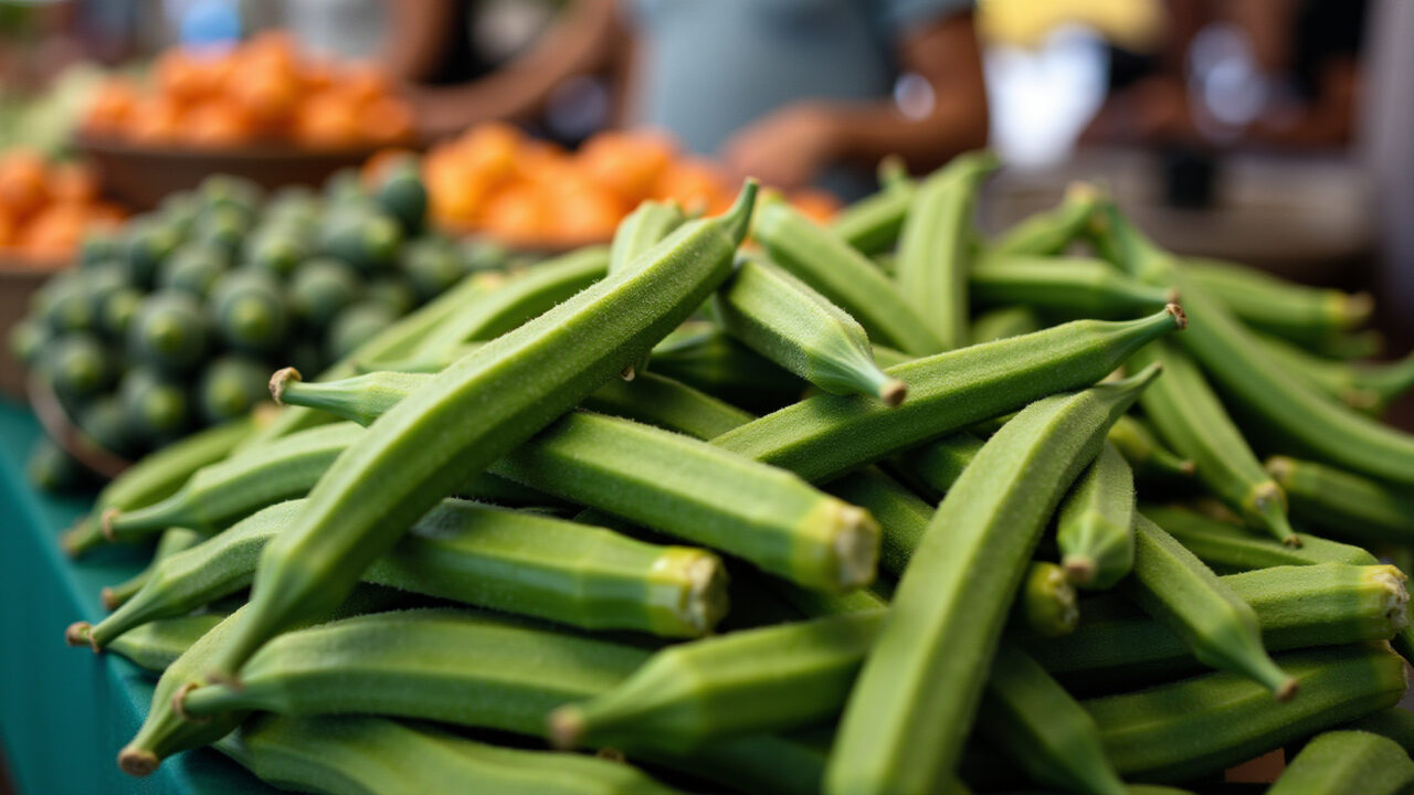 Fresh okra selection, vibrant green, farmer's market stall, natural light, close-up, 8k, Quiabo fresco e vibrante à venda.