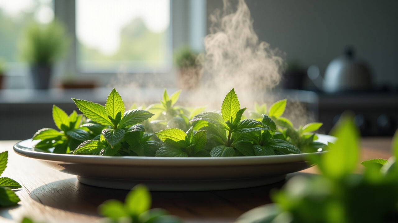 Fresh peppermint tea being prepared in a bright kitchen, vibrant green leaves, steam rising, Preparando chá de hortelã-pimenta fresco.