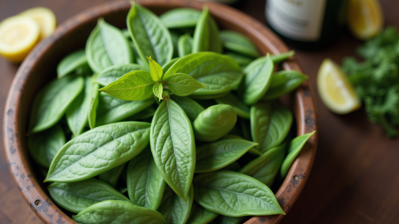 Fresh siriguela leaves, farmer's market, natural products, sustainable lifestyle, 8K, sharp focus, Folhas de siriguela frescas em feira livre.