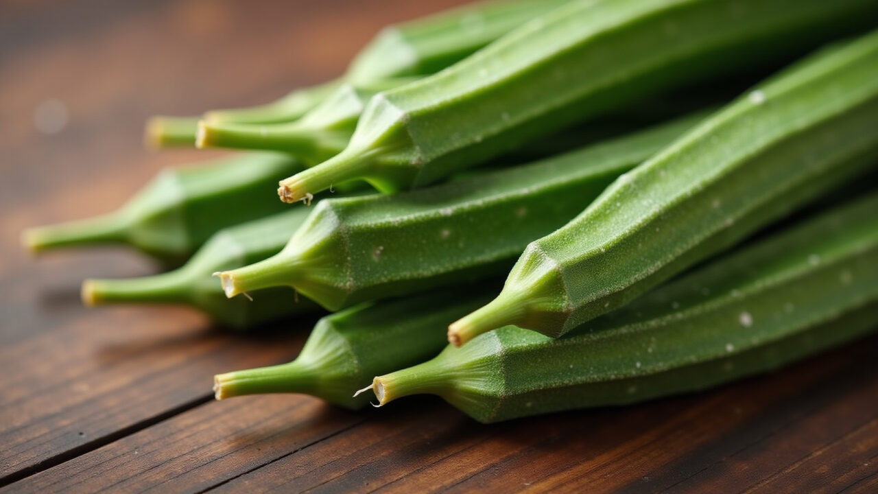 Freshly harvested okra, displayed on a wooden table, Brazilian cuisine, professional photography, Quiabo recém-colhido em mesa de madeira.