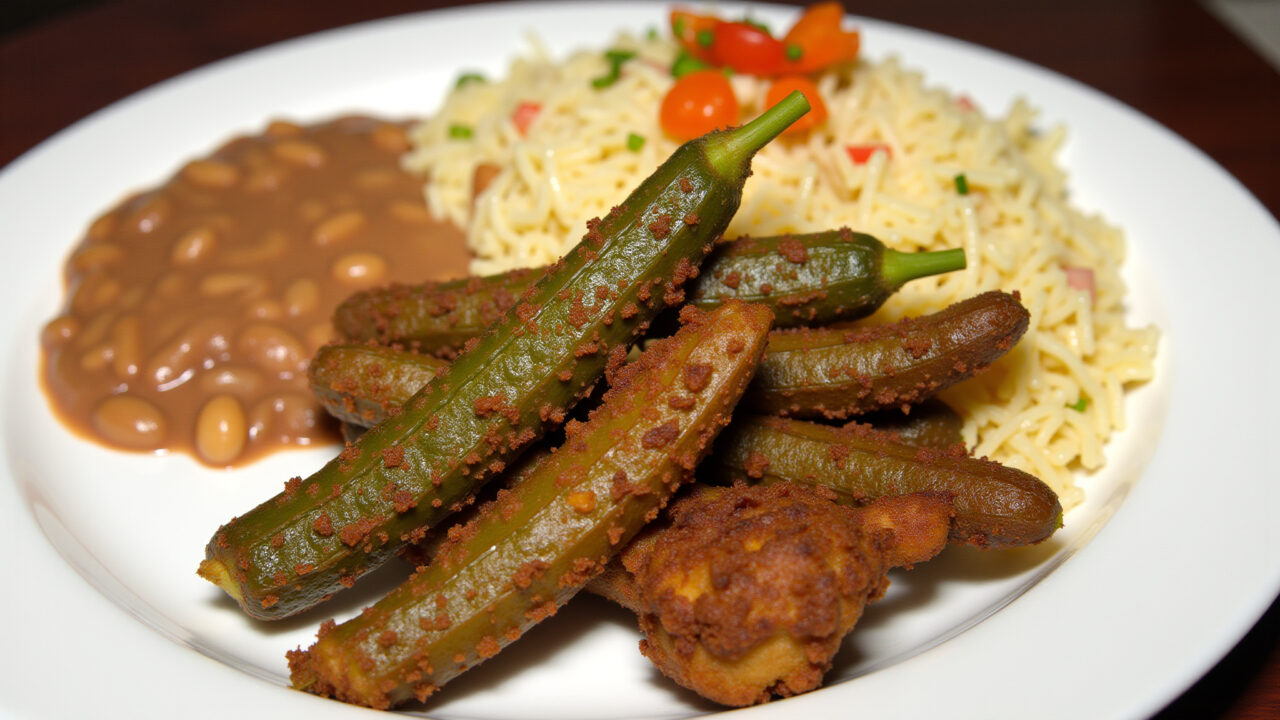 Fried okra with rice, beans, and salad, plate presentation, Brazilian cuisine, natural light, 8k, Quiabo frito acompanhado de arroz, feijão e salada.