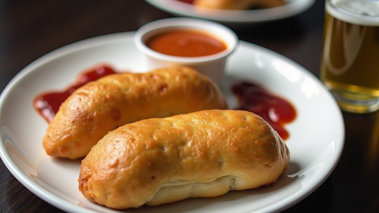 Fried sausage pastel on a plate, with dipping sauces, 8K quality, sharp focus, commercial Pastel de salsicha frito.