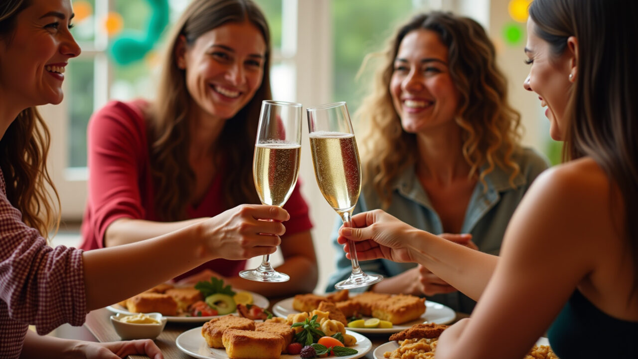 Friends toasting with champagne glasses during a vibrant Christmas celebration in Brazil, laughter, Amigos brindando no Natal com decoração festiva e petiscos.