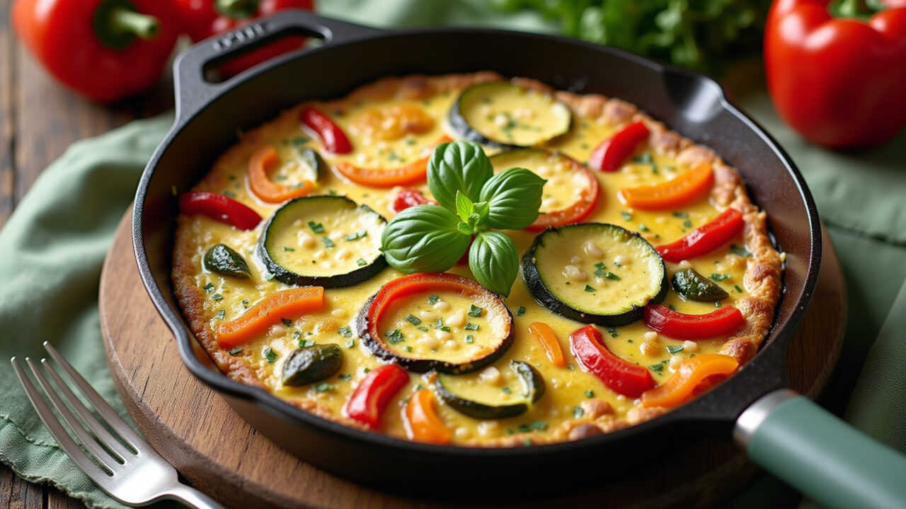 Frittata with colorful vegetables (zucchini, carrots, bell peppers), baked in a cast iron skillet, Frittata de legumes coloridos.