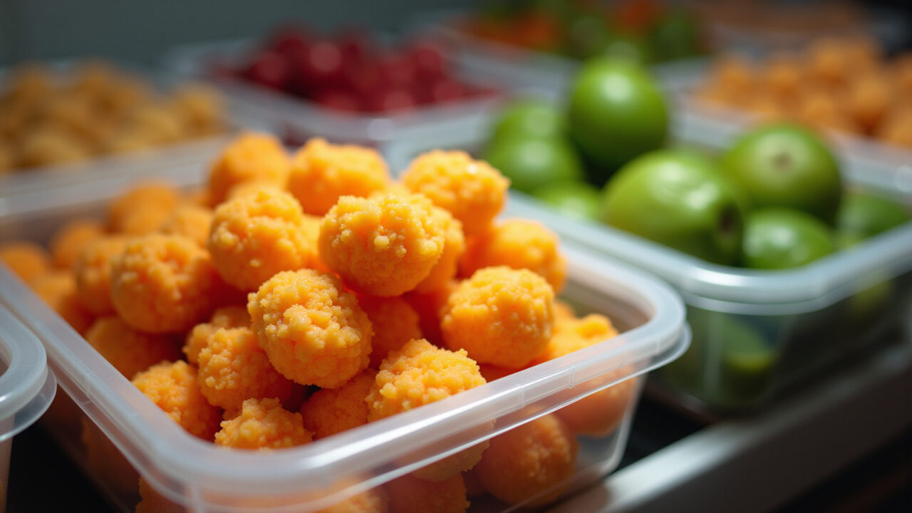 Frozen 'Frango com Quiabo' in container, freezer setting, meal prep concept, vibrant colors, Frango com Quiabo congelado em pote.