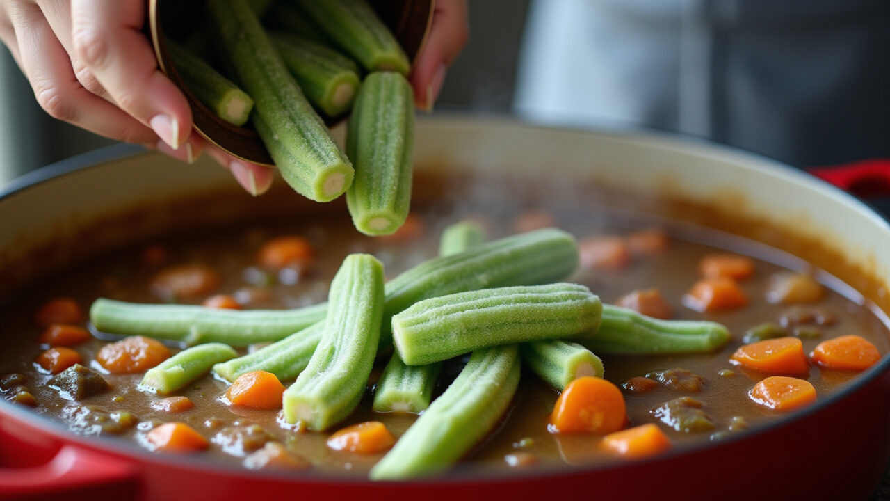 Frozen okra being added to a stew, professional photography, 8K quality, sharp focus, natural Quiabo congelado sendo adicionado a um ensopado.