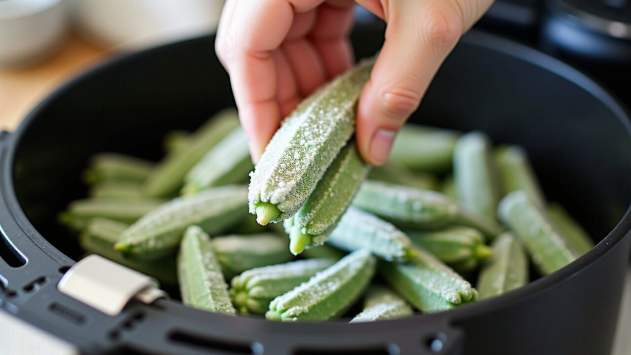 Frozen okra being added to an air fryer basket, close-up, frosty texture, kitchen scene, natural Quiabo congelado sendo preparado na airfryer.