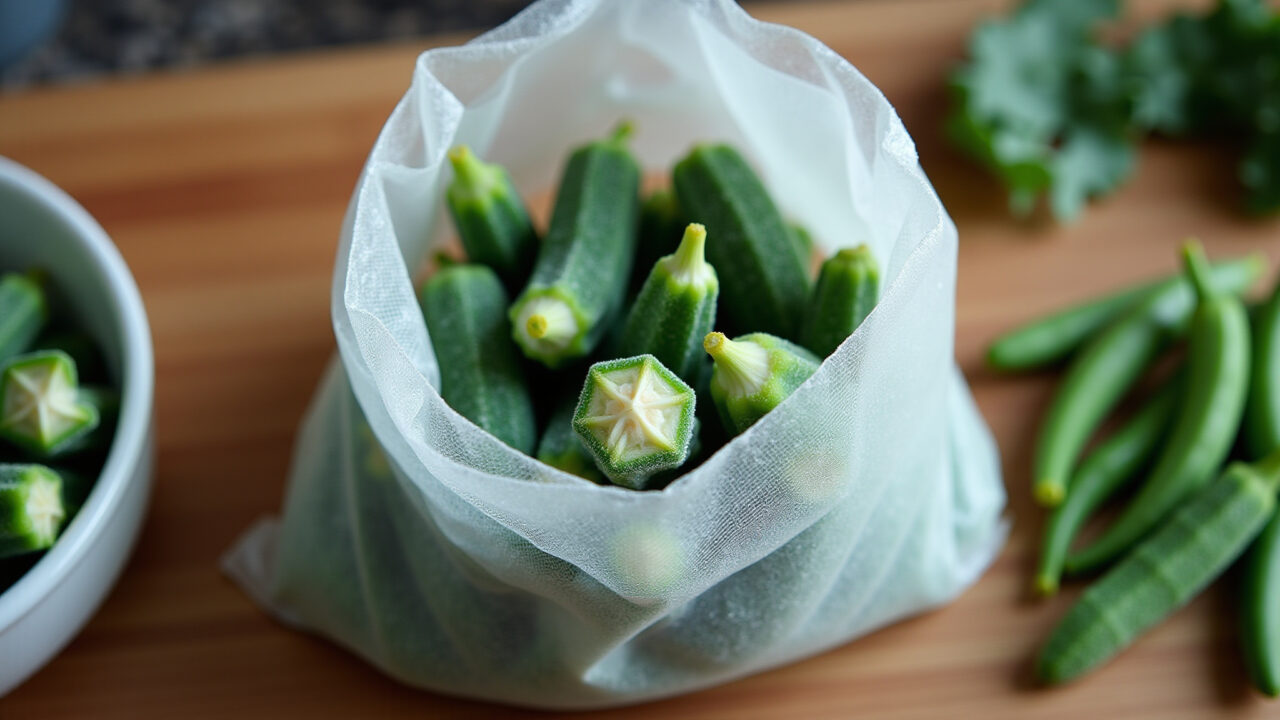 Frozen okra in a clear plastic bag, ready to cook, Brazilian kitchen, professional photography, 8K Quiabo congelado para uso futuro.