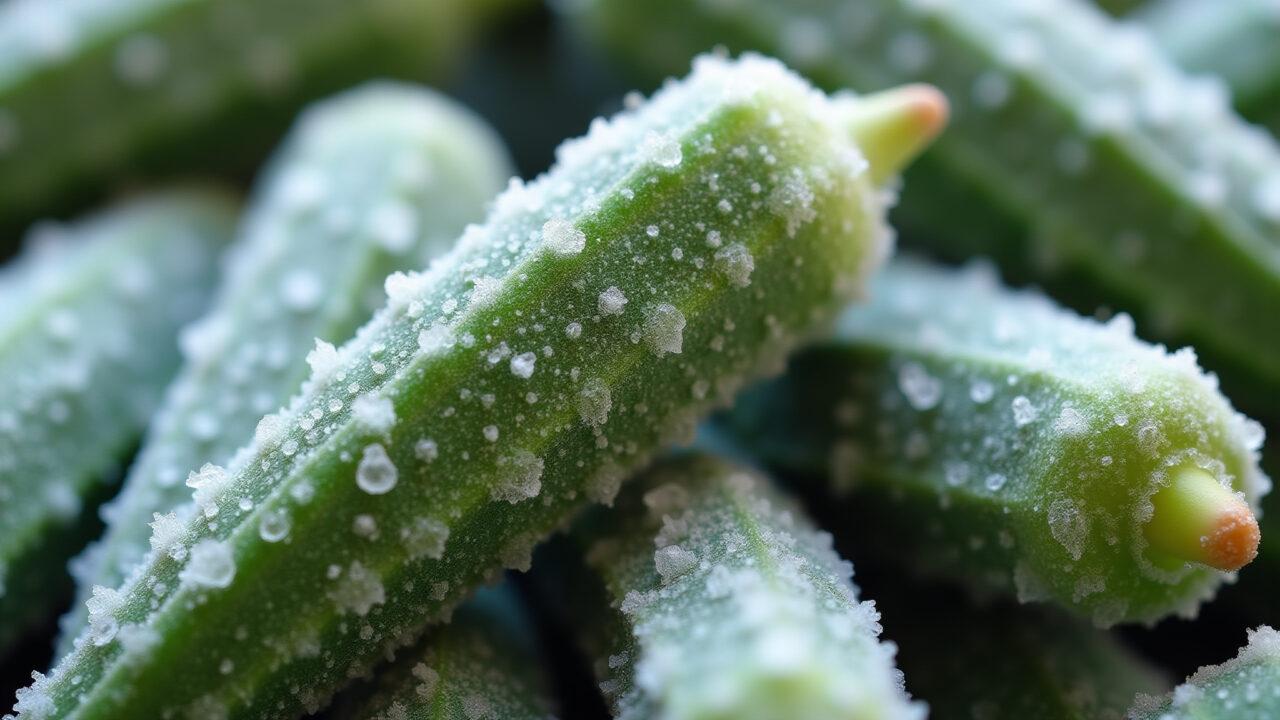 Frozen okra with ice crystals, freezer burn. 8K quality, sharp focus, illustrative, natural Quiabo congelado com cristais de gelo: sinal de queima