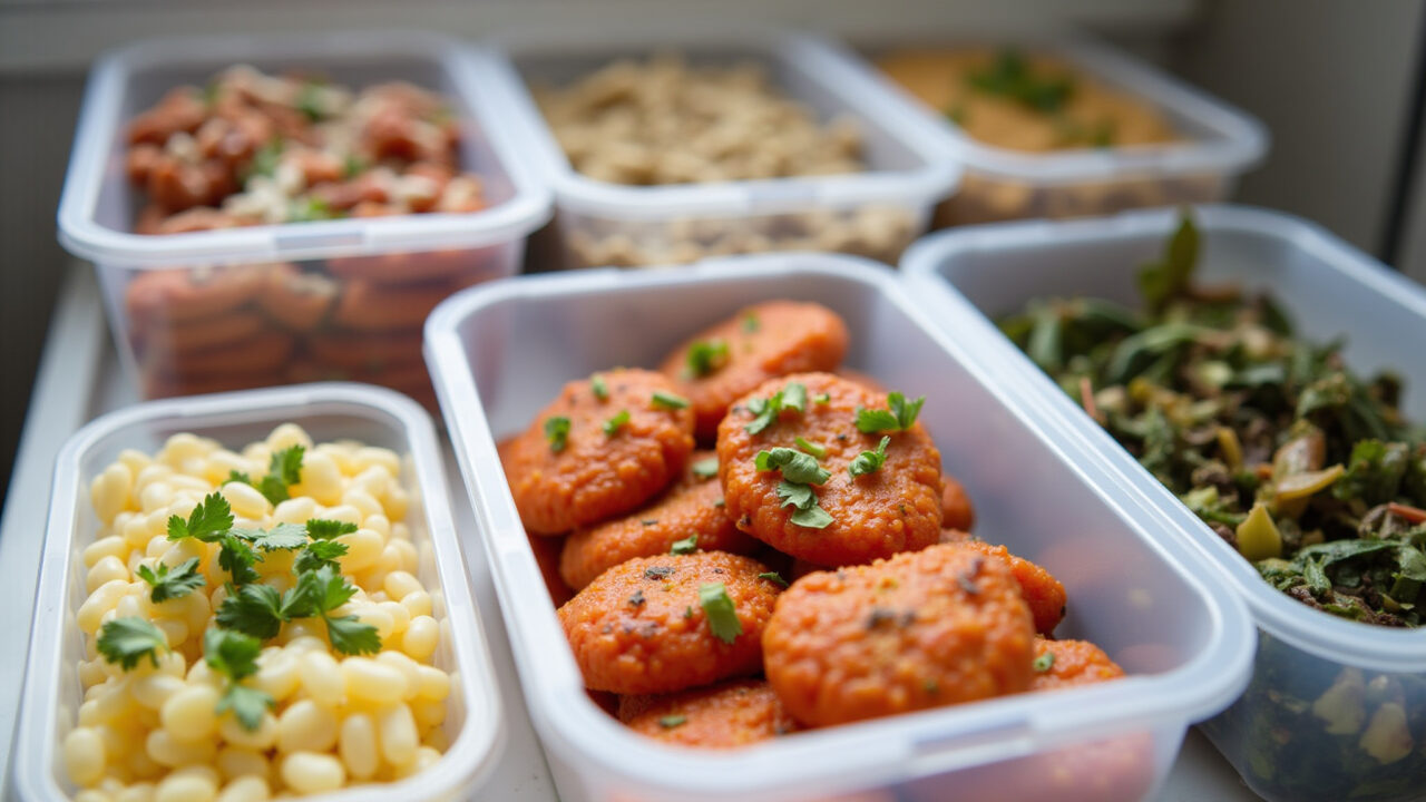 Frozen 'quiabo refogado' in containers, freezer organization, meal prep, convenience, natural Quiabo refogado congelado em potes herméticos.