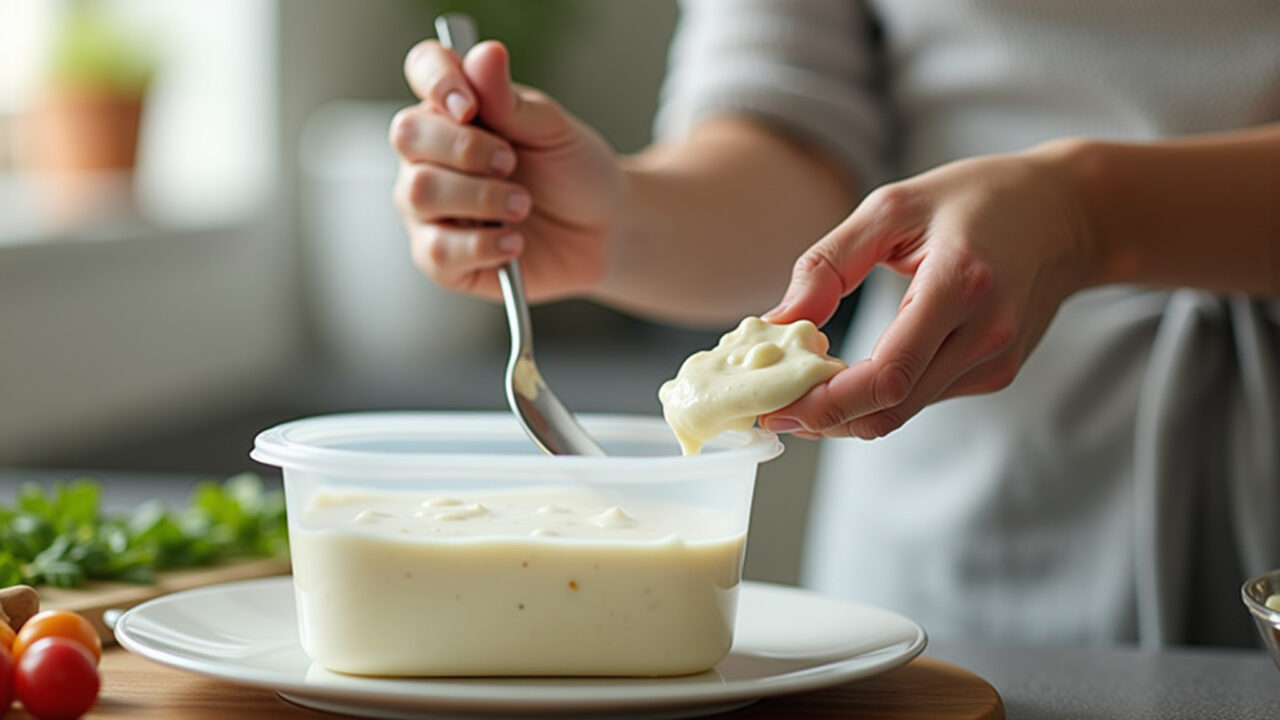 Frozen white sauce in a container, woman preparing to use it, bright kitchen, natural light, 8K, Molho branco congelado pronto para uso.