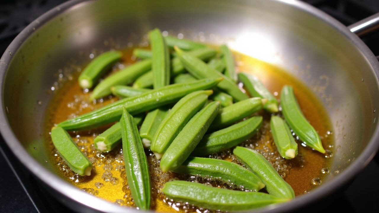 Frying okra in hot oil, stainless steel pan, kitchen setting, golden brown, bubbling oil, 8k, Quiabo fritando em óleo quente.
