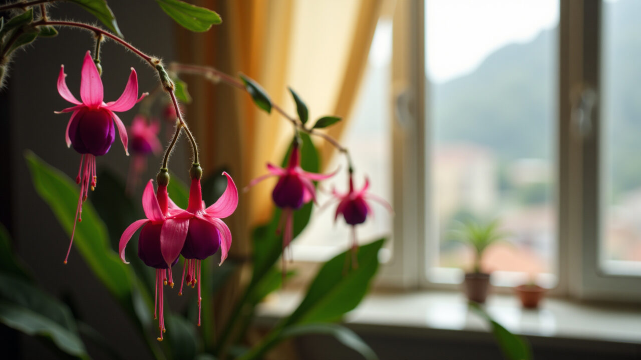 Fuchsia 'brinco de princesa' in apartment, bright window, Brazilian decor, 8k, sharp focus, Brinco de princesa em apartamento