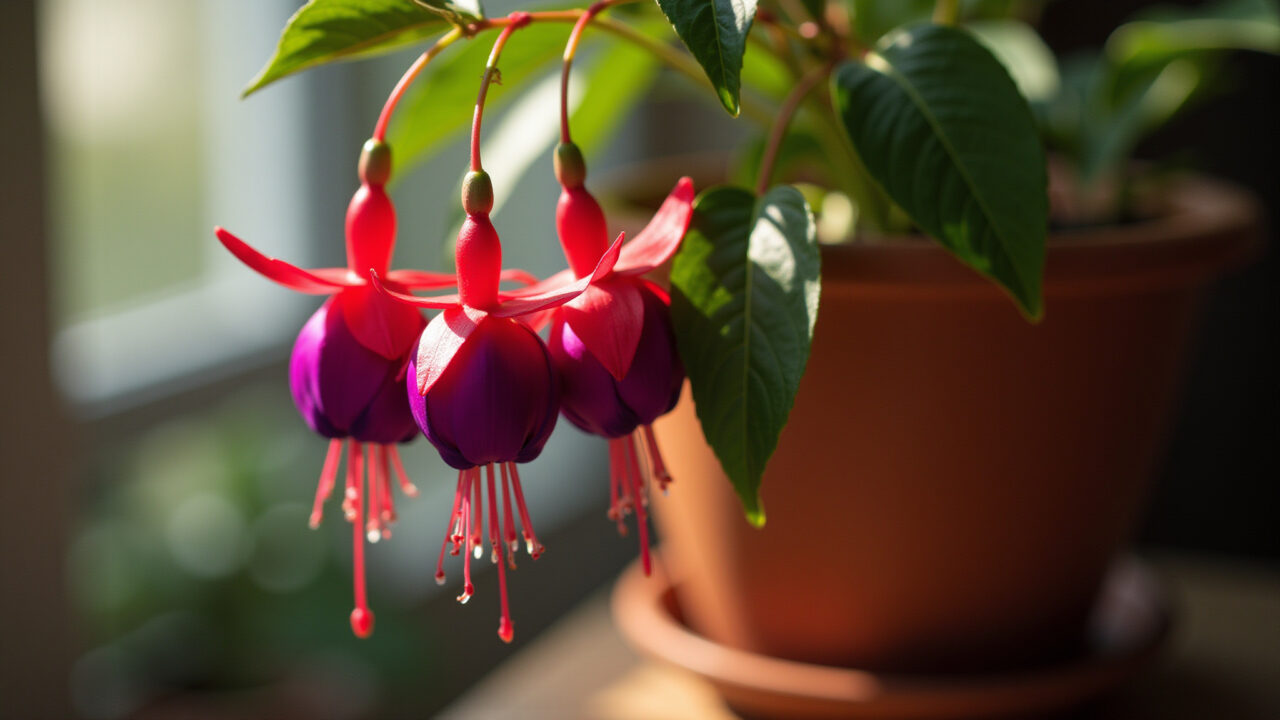 Fuchsia 'brinco de princesa' indoors, protected from cold, cozy home interior, 8k, sharp focus, Protegendo brinco de princesa do frio