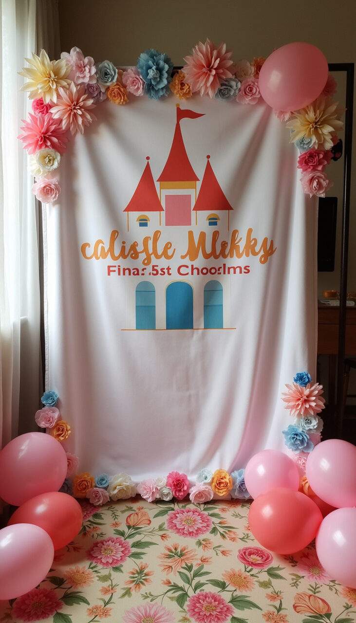 Fun photo booth backdrop, floral fabric, castle crest, character masks, hats, party accessories, 8K Painel de fotos divertido para festa A Bela e a Fera com máscaras e acessórios.