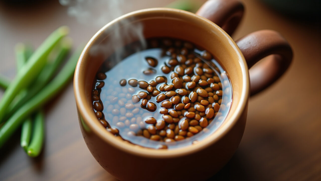 Funcho seeds infusing in hot water, close-up shot, warm and inviting, Brazilian kitchen, Chá de funcho para eliminar gases e aliviar cólicas.