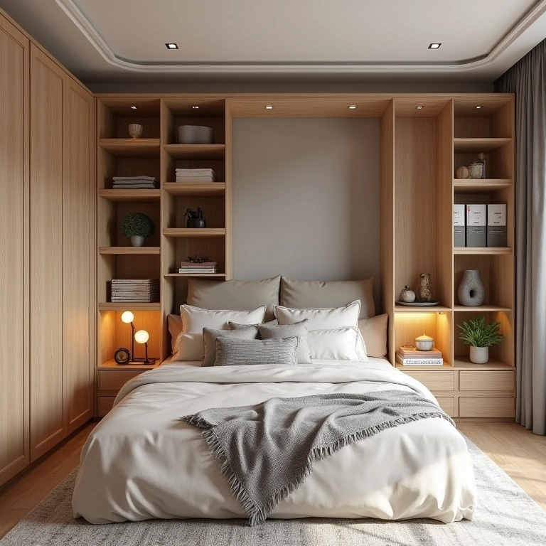 Functional bedroom with MDF wardrobe with shelves and niches, organized decor, personalized style, Guarda-roupa MDF com nichos e prateleiras.