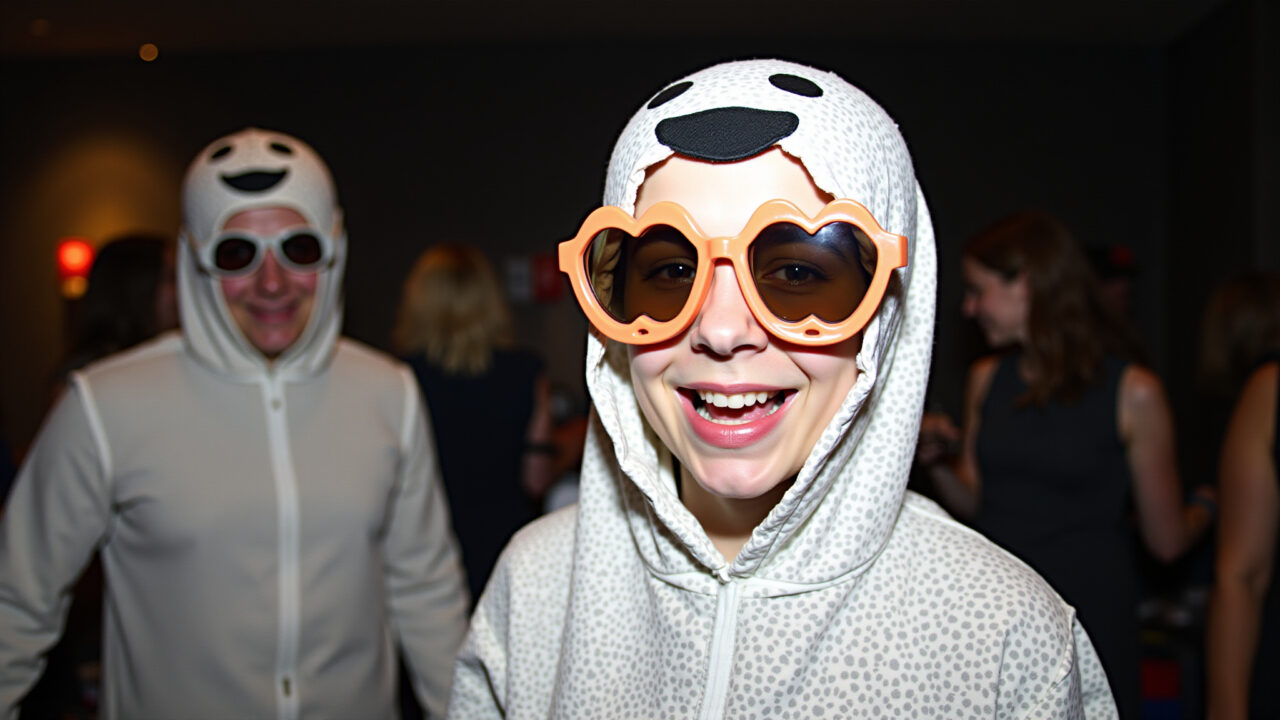 Funny ghost costume, patterned fabric, silly glasses, Halloween party, bright lighting, 8K, Fantasma divertido com óculos engraçados no Halloween.