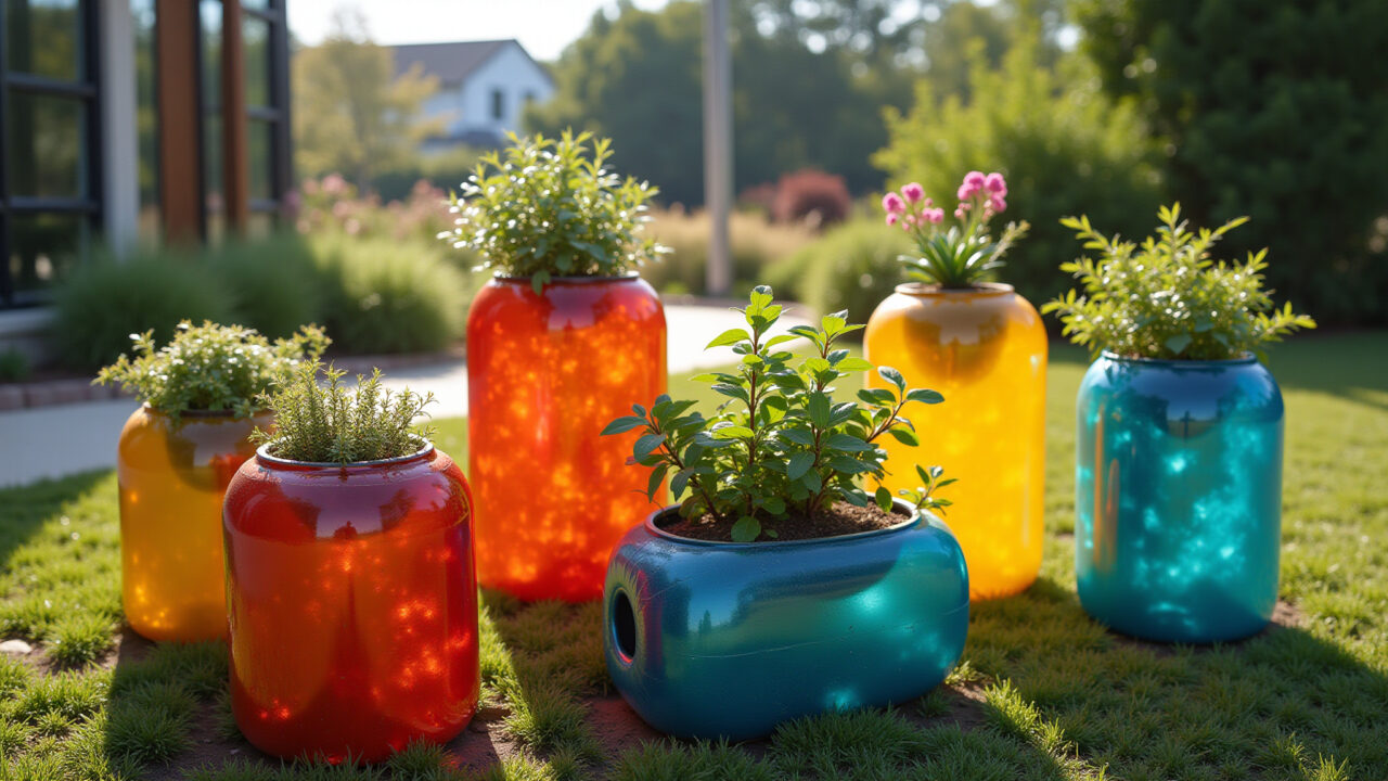Garden sculpture from PET bottle planters, abstract shapes, vibrant colors, sustainable art, Escultura de jardim feita com vasos de garrafa PET.