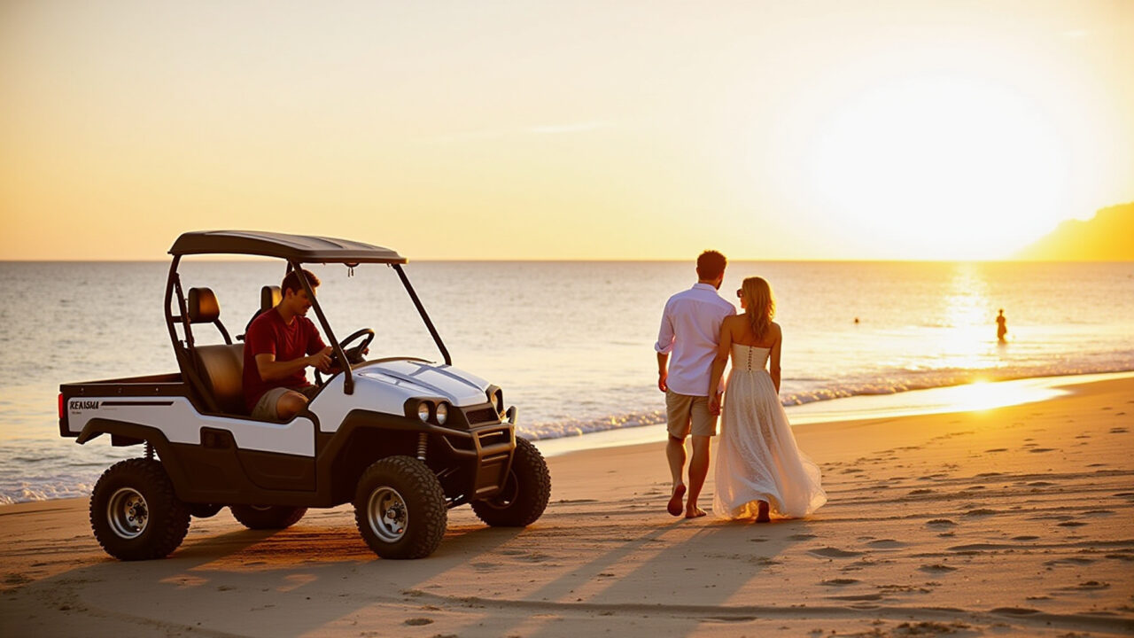 Garopaba, Brazil honeymoon. Couple on Ferrugem beach, buggy ride, sunset. Professional photography, Casal em Garopaba curtindo passeio de buggy na Praia da Ferrugem.