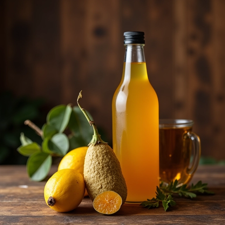 Garrafa de licor de jabuticaba artesanal em mesa de madeira.
