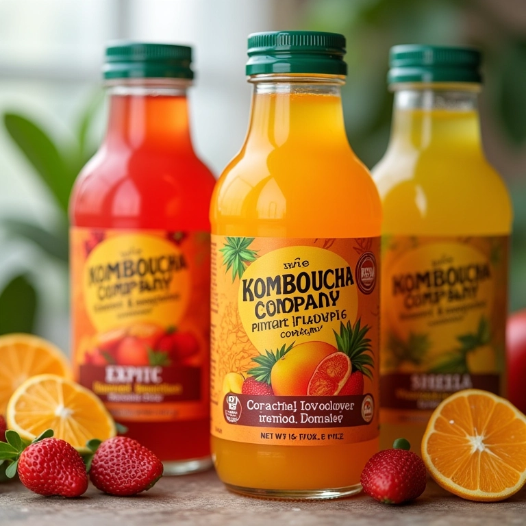 Garrafas de kombucha 'Kombucha Company' com sabores exóticos.