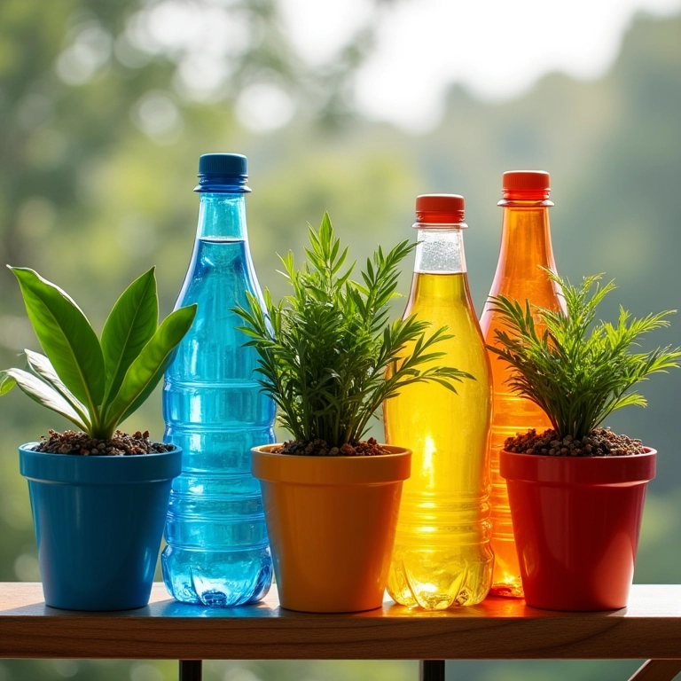 Garrafas PET transformadas em vasos de plantas coloridos em uma varanda com plantas brasileiras.