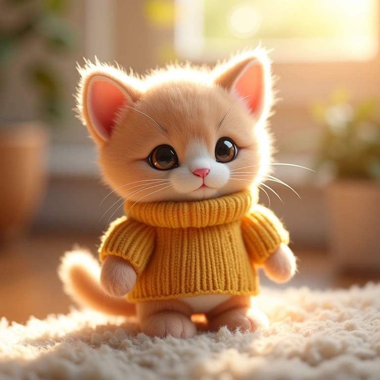 Gatinho amigurumi com roupinha e acessórios de crochê.