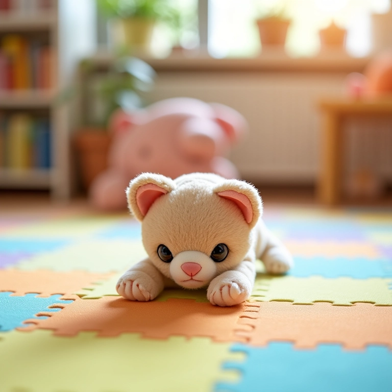 Gatinho amigurumi de crochê em um tapete de atividades infantil.