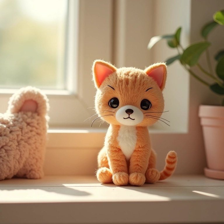 Gatinho amigurumi decorando uma prateleira em um quarto infantil.