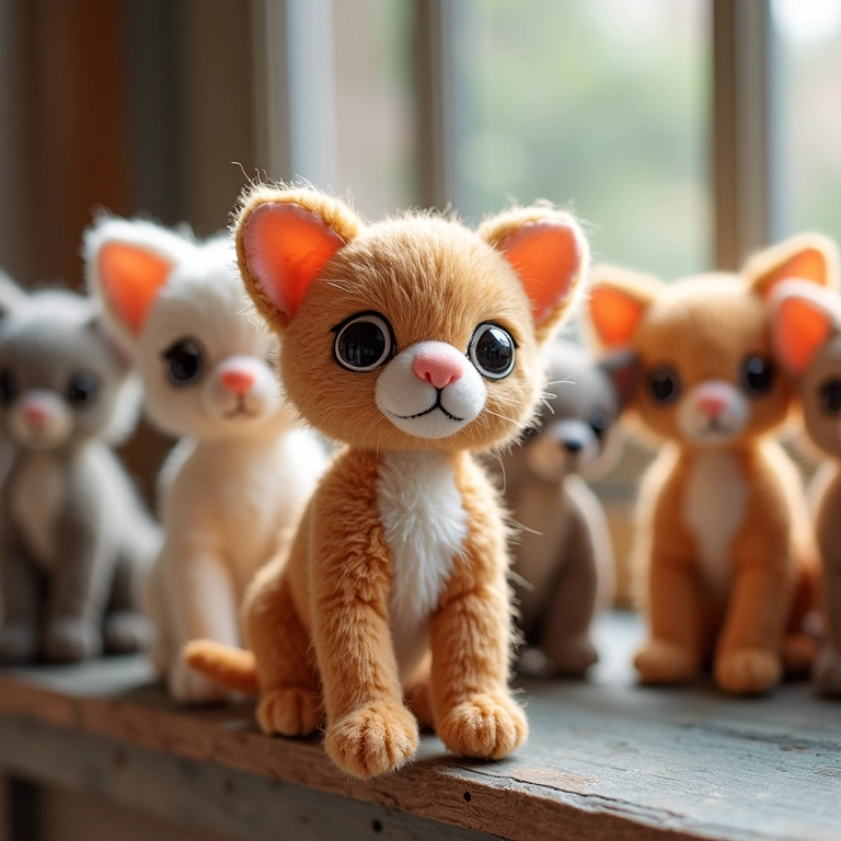 Gatinhos amigurumi expostos para venda em uma feira de artesanato.