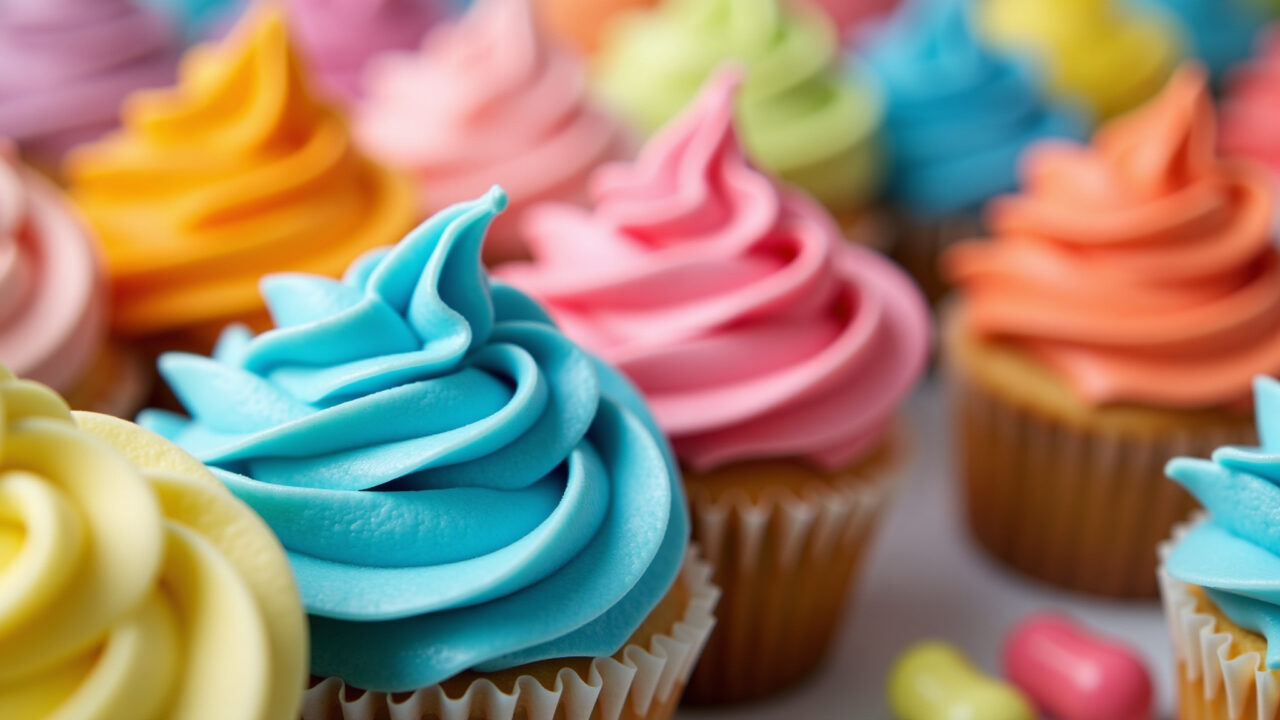 Gel food coloring swatches, vibrant colors, buttercream frosting, sharp focus, 8K quality, natural Melhores corantes para decoração de bolo com bico de confeitar.