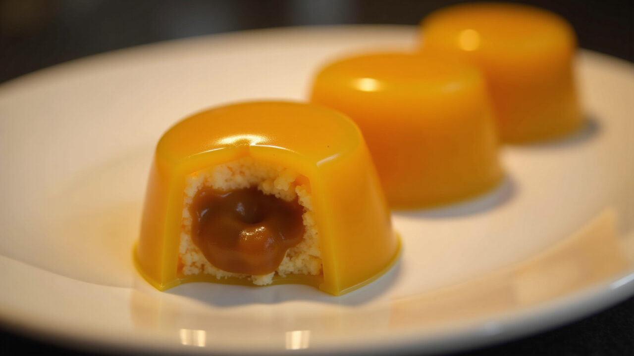 Gelatin filled with dulce de leche, creamy filling, Brazilian setting, 8K, sharp focus, Gelatina recheada com doce de leite cremoso.