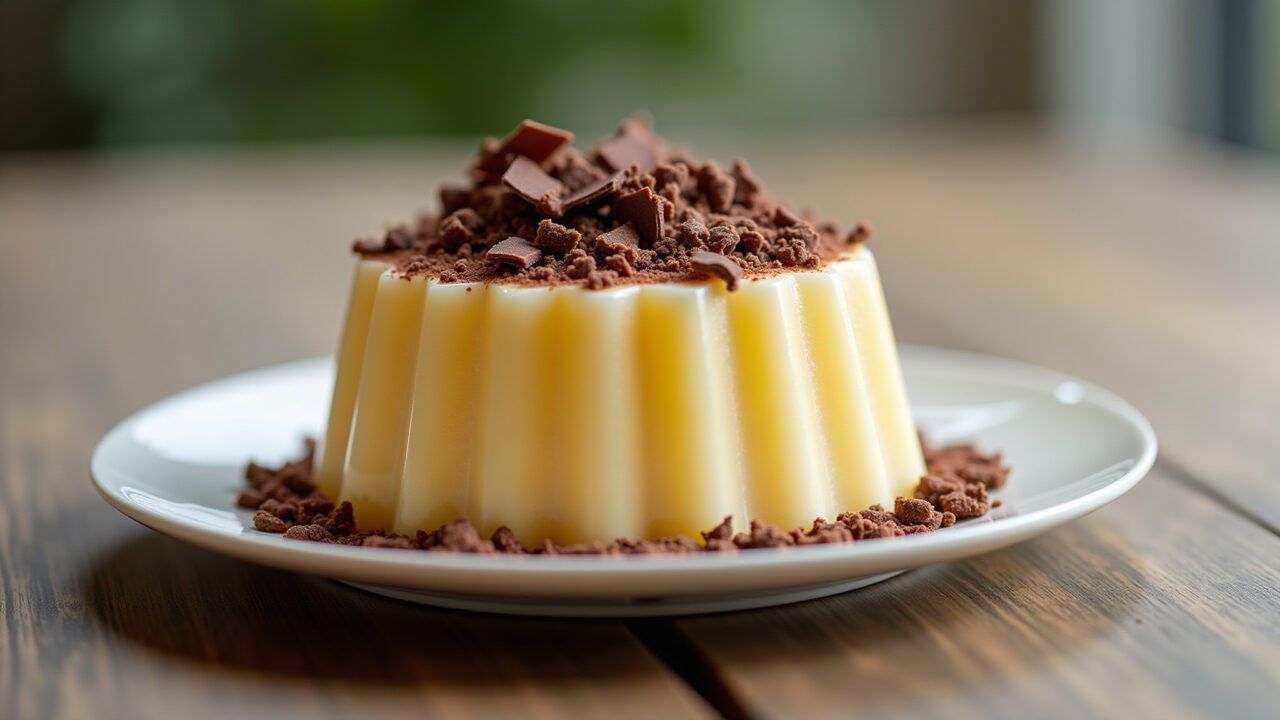 Gelatin mousse, light dessert, chocolate shavings, Brazilian table, natural lighting, 8K, sharp Mousse de gelatina com raspas de chocolate.