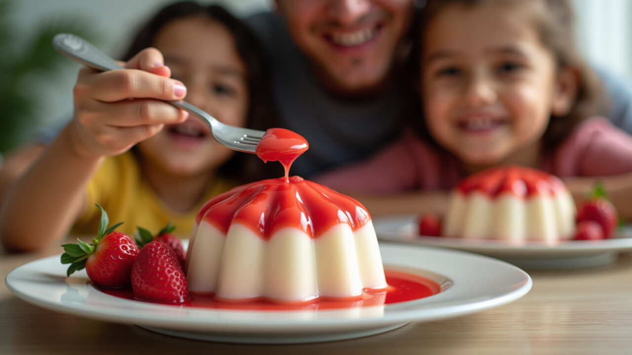 Gelatin pudding, strawberry flavor, creamy texture, Brazilian family enjoying, natural lighting, Pudim de gelatina de morango, sobremesa clássica.