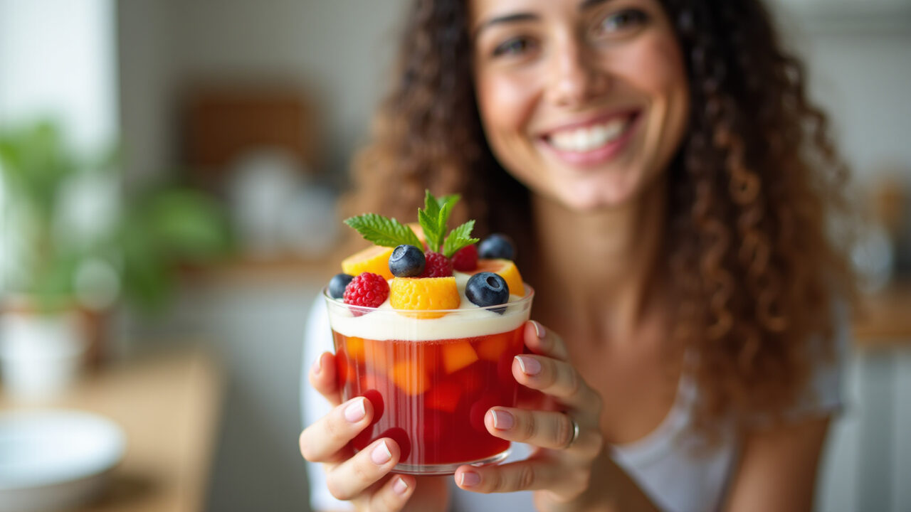 Gelatin with fresh fruits, light and healthy dessert, Brazilian woman smiling, natural lighting, Gelatina com frutas frescas, sobremesa leve e saudável.