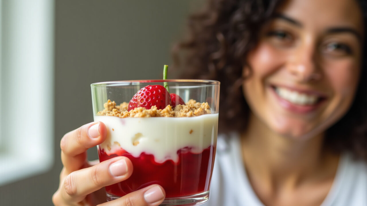 Gelatin with yogurt and granola, healthy snack, layered in glass, Brazilian woman smiling, natural Gelatina com iogurte e granola, lanche saudável.