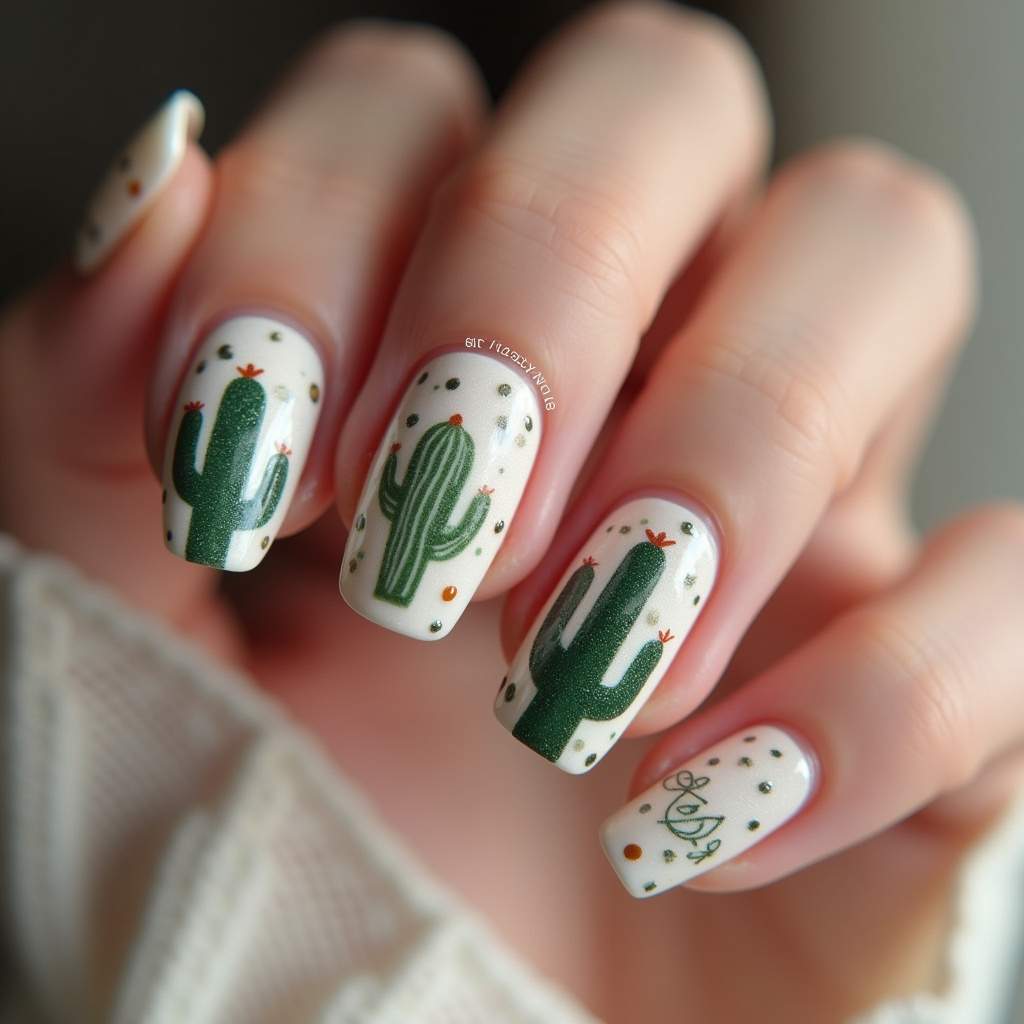 Geometric cactus nail art, modern style, close-up, stylish, professional photography, 8K quality, Unha decorada cactos geométrico.