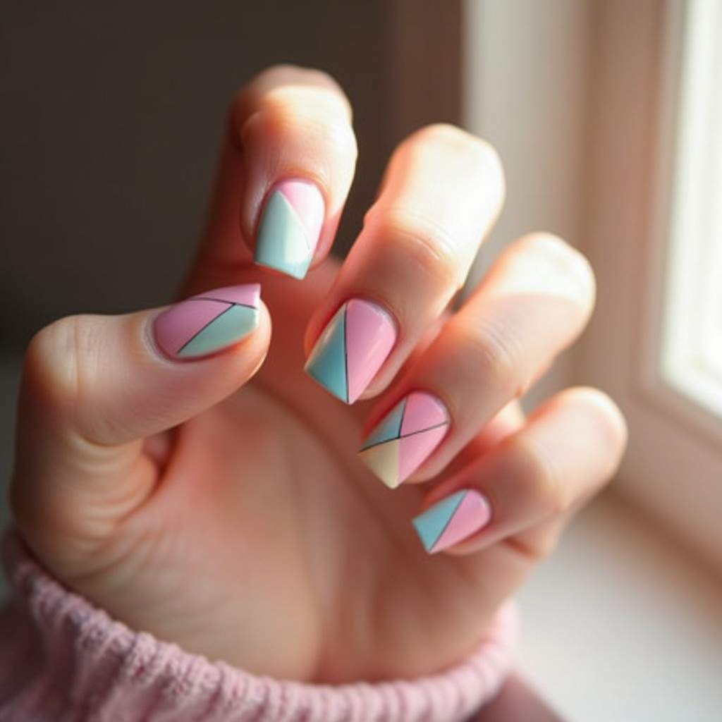 Geometric candy color nail art, pastel shapes, natural lighting, 8K quality, sharp focus, Unhas candy colors geométricas: modernidade e diversão.