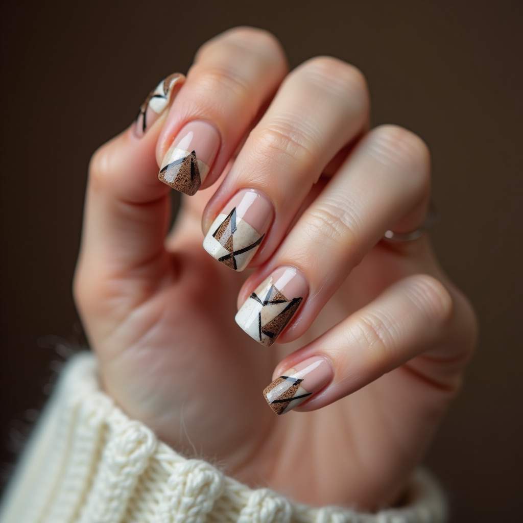 Geometric coffee nail art on woman's hand, triangles and lines, modern style, professional Unha geométrica café moderna.