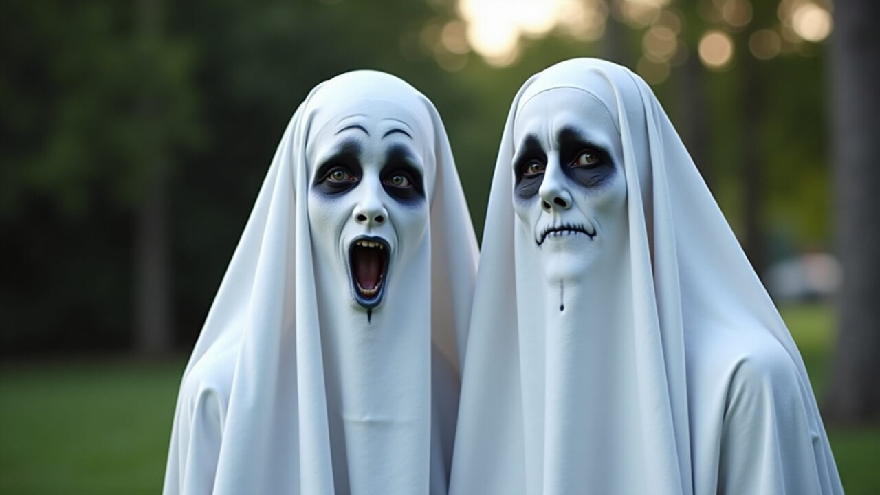 Ghosts in a sheet couple costume, holes for eyes, pale makeup, scary, easy to make, economical, Fantasia original de Halloween: Fantasmas presos em um lençol.