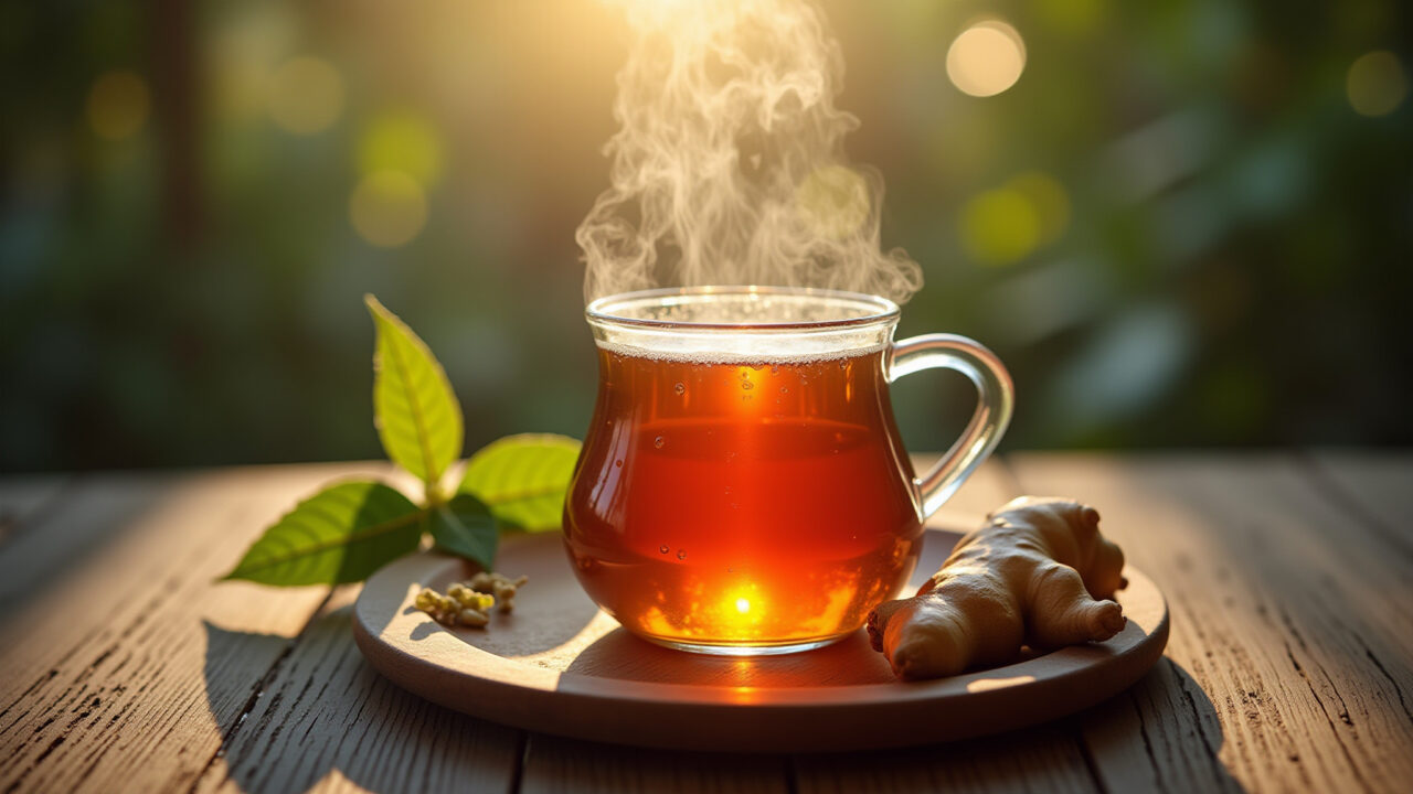 Ginger tea with honey, steam rising, cozy mug, Brazilian herbs, 8k, professional photography, Chá de gengibre com mel para garganta.