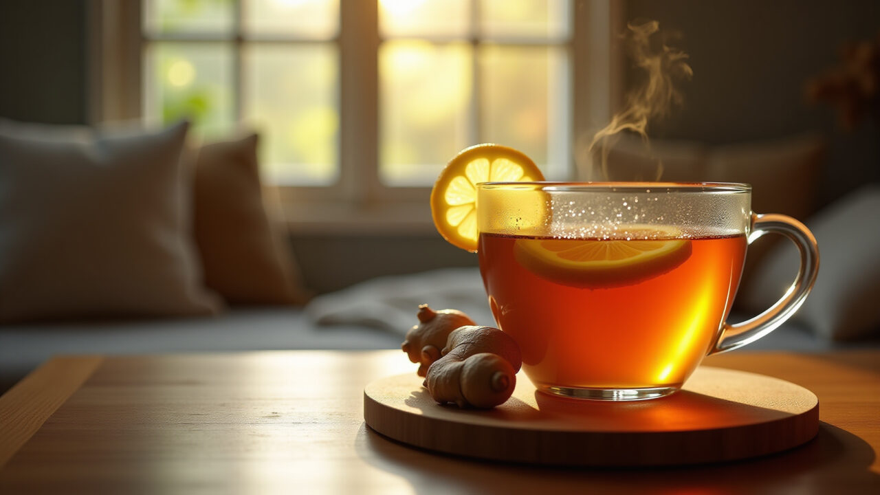 Ginger tea with lemon and honey, warm light, cozy setting, professional photography, 8k, Brazilian Chá de gengibre com limão e mel, bebida termogênica.
