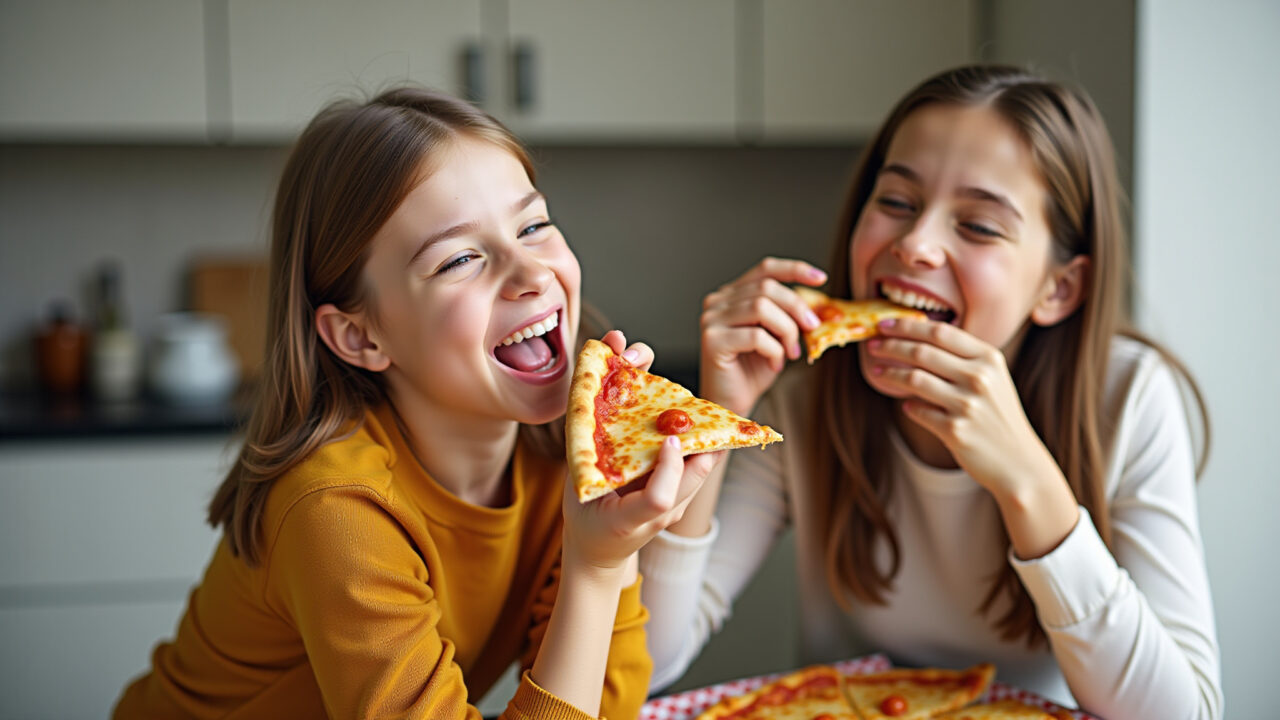 Girl eating pizza, laughing, casual, funny, kitchen background, friends, professional photography, Garota comendo pizza e rindo com amigos.
