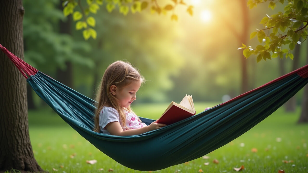 Girl in a hammock, reading a book, nature background, sunlight, green forest, peaceful, Jovem relaxando em rede na natureza, lendo.