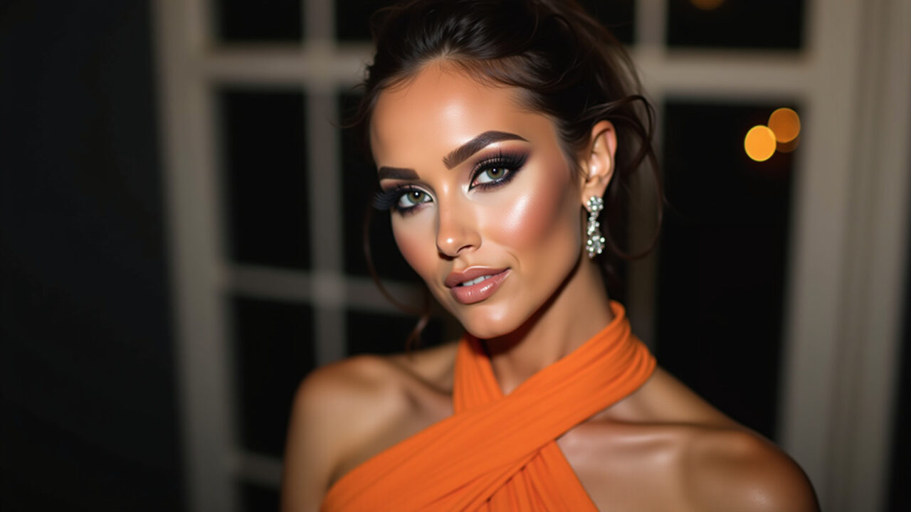 Maquiagem glamourosa para a noite com vestido laranja.