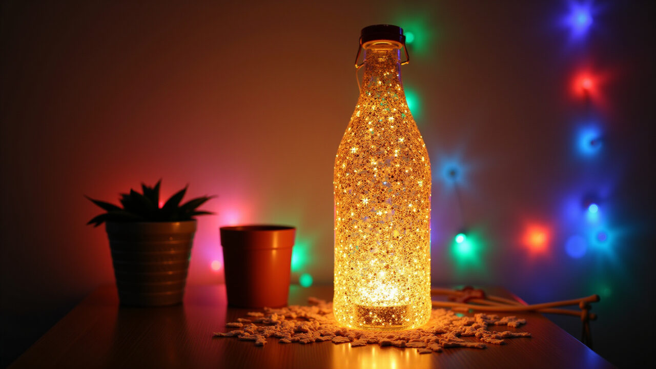 Glamorous PET bottle lamp with glitter, sparkling effect, colorful Brazilian decor, bright light, Luminária PET com glitter, efeito brilhante e decoração vibrante.