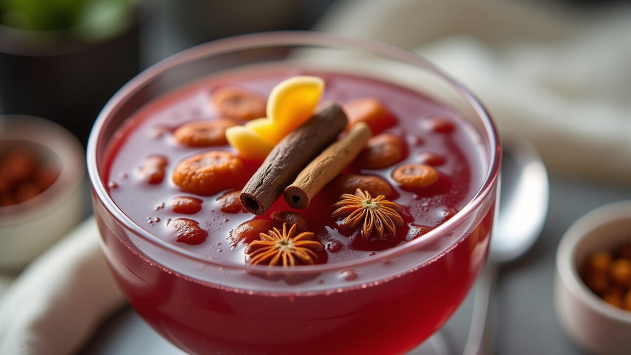 Glass bowl of maizena sagu with red wine and spices, served chilled, elegant presentation, 8K Sagu de Maizena: sobremesa diferente e deliciosa.