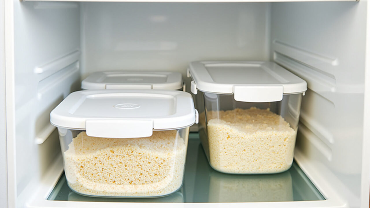 Glass containers and plastic containers with lids, storing rice, fridge interior, food storage Potes de vidro e plástico com arroz armazenados na geladeira.